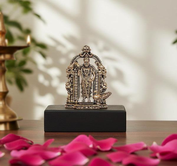 Superfine Brass Standing Lord Kartikeya with Peacock and Kirtimukha Prabhavali Murugan Murti (Height:2 Inch)