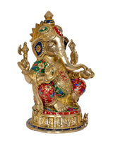 Brass Ganesh statue side angle, gold body with multicolor jewel panels and raised arms