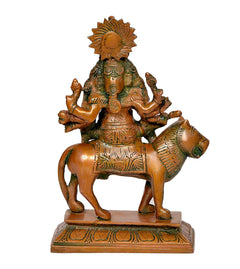 Brass Heramba Ganesha idol, back view on horse, ornate crown and ornaments