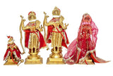 Brass Ram Darbar murti: two standing figures and one kneeling, red outfits with gold detailing