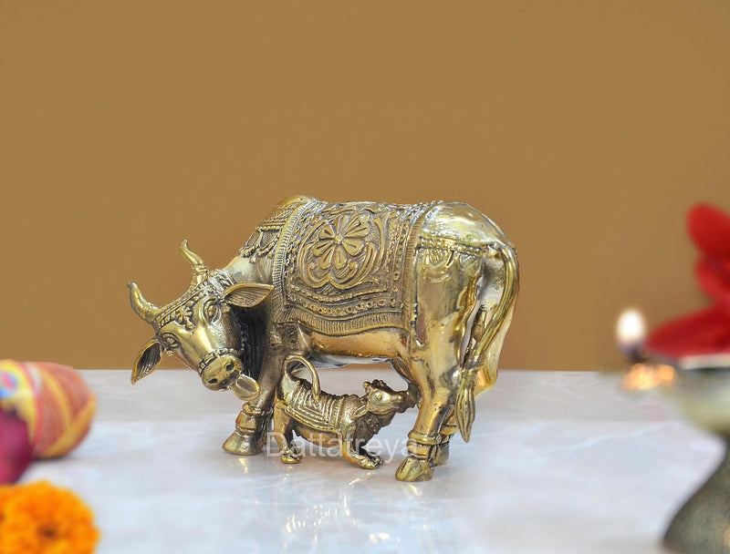 Bronze Kamdhenu Cow with Calf Statue for Pooja Mandir Home Templ Decor Decorative Showpiece (Height 3 Inch)