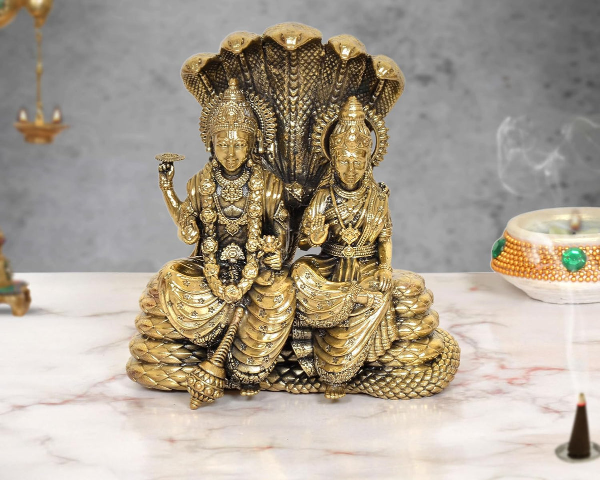 Brass Maa Lakshmi and Lord Vishnu statue with Sheshnag, seated, intricate detailing