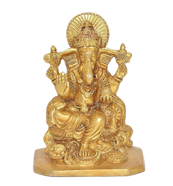 Brass Lord Ganesha Idol Ganesh Statue Decorative Sculpture for Home Decor Office Mandir Pooja Showpiece (Height 6 Inch) (Golden) Entryway Setting