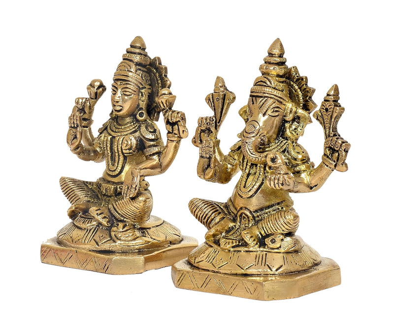 Brass Laxmi Ganesh Statue - Handcrafted Goddess Lakshmi and Lord Ganesha Idol for Home Decor and Pooja (Height 5 Inch)