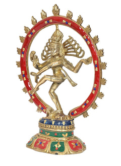 Front view of brass Nataraj Lord Shiva showpiece with jeweled red frame and multi-color base