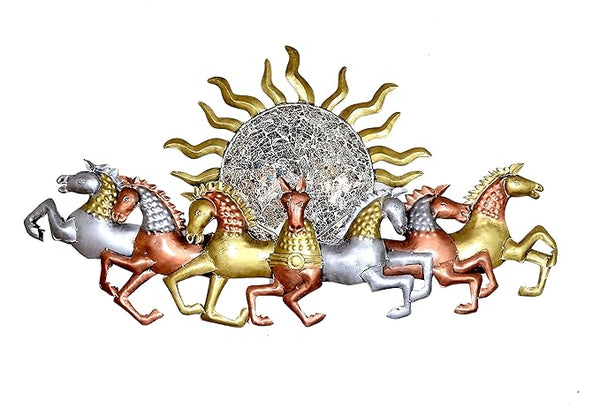 Iron Seven Running Horses with Sun Wall Decor Showpiece With LED Lights Horses (Width: 49 Inches) Entryway Setting