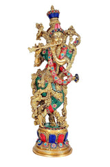 Brass Lord Krishna idol standing pose, blue crown with red and green jewel details