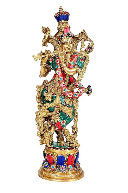 Brass Lord Krishna Idol Statue Krishna Sculpture Decorative Showpiece for Home Office Decor Multicolour | Height 15 Inches