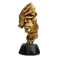 Gold polyresin face bust with headscarf detail, black pedestal base, angled view