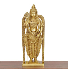 Brass Murugan standing statue, front view, hands holding spear and ornate shield