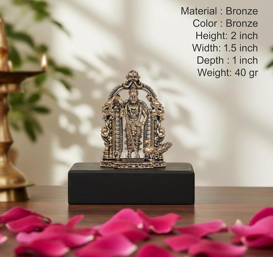 Bronze Standing Lord Kartikeya with Peacock and Kirtimukha Prabhavali Murugan Murti (Height:2 Inch)