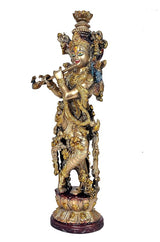 Brass Krishna Figur, gedrehte Seitenansicht mit Flöte und mehrfarbigen Augenakzenten