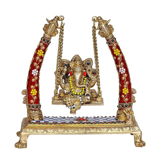 Brass Ganesha Playing On Swing Ganesha Jhula Decorative Showpiece Multicolour (Height 10 Inch)