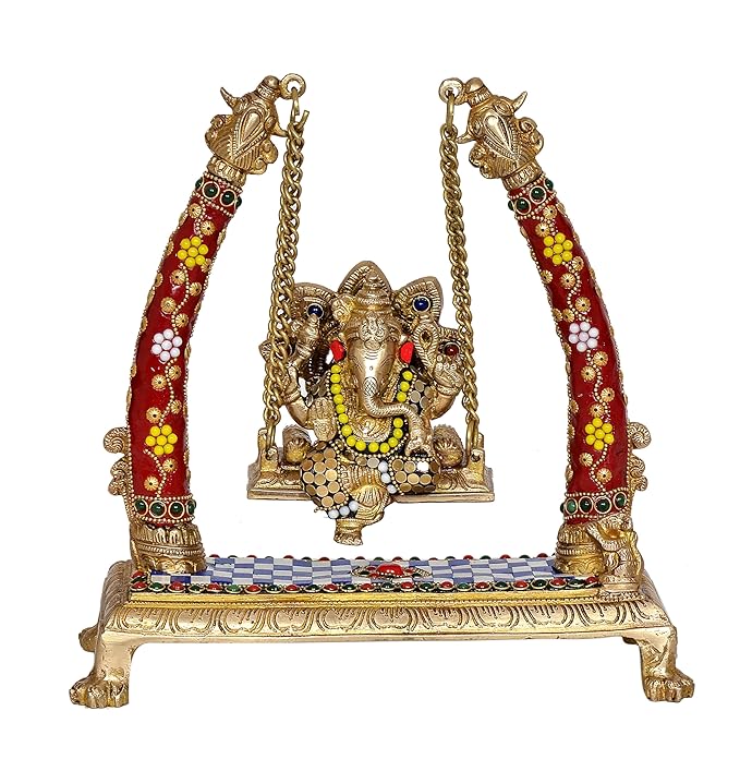 Brass Ganesha Playing On Swing Ganesha Jhula Decorative Showpiece Multicolour (Height 10 Inch) Craft Detail