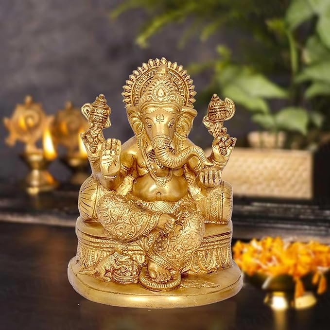 Brass Ganesha Statue Idol On Base Giving Blessings for Home Decor Temple | Height : 8 inches