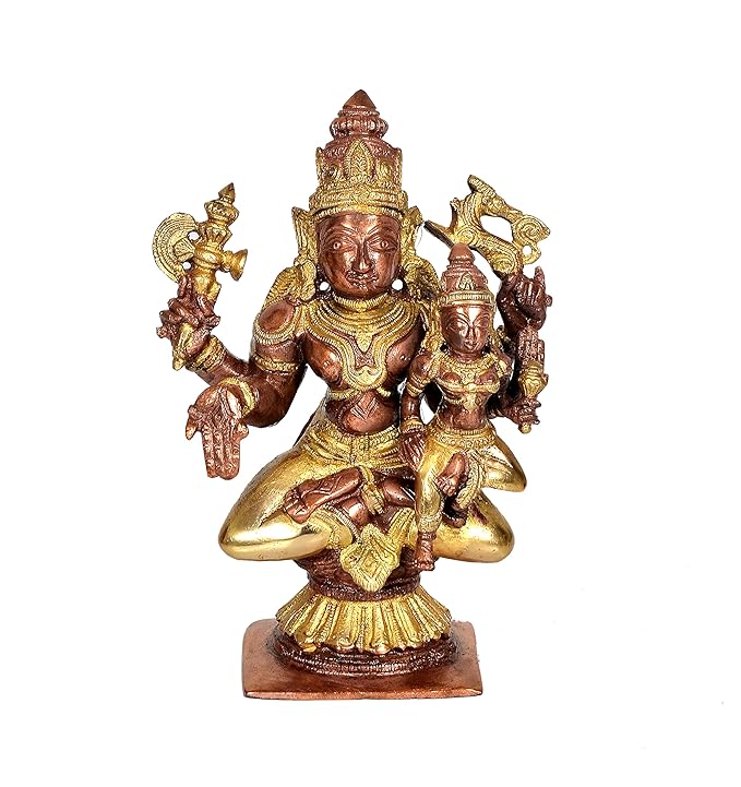 Brass Shiv Parvati idol statue, seated deity with child figures, 7 in