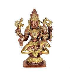 Brass Shiv Parvati idol statue, seated deity with child figures, 7 in