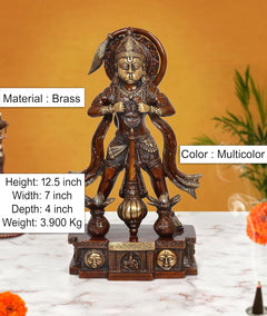 Brass Hanuman idol standing, detailed ornaments and crown, hands in blessing pose