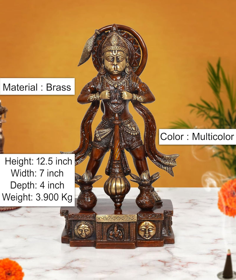 Brass Shri Hanuman Idol Showing Ram and Sita in His Heart in Standing Position (Height: 12.5 Inch)
