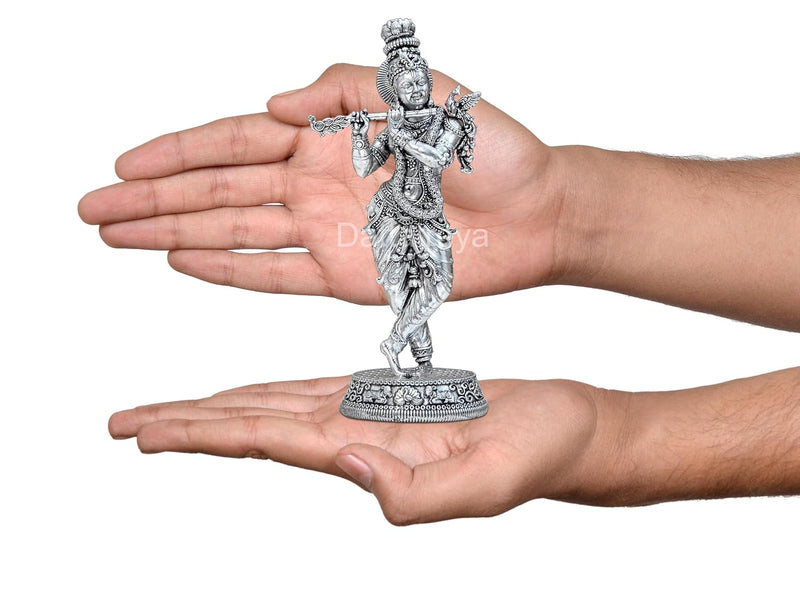 Bronze Lord Krishna Idol Figurine Sculpture Playing Flute Statue, for Home Decor Mandir Pooja Decorative Showpiece, (Height 6.5 Inch)