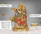 Brass Radha-Krishna with cow idol, multicolored, 9.5 in tall, jeweled details