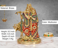 Brass Radha-Krishna with cow idol, multicolored, 9.5 in tall, jeweled details