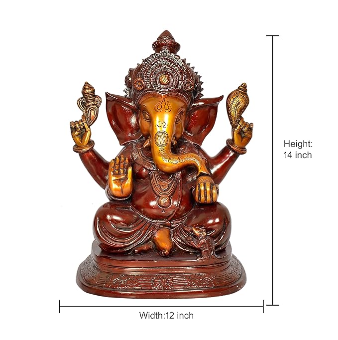 Brass Lord Ganesha Ganpati Idol Vinayak Religious Statue Murti Height 14 Inch