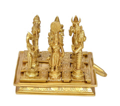 Brass Navagraha figures on engraved board base, side view of three statues