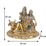 Gold metal idol statue dimensions shown: 16 x 10 x 15 cm, Shiva-Parvati family
