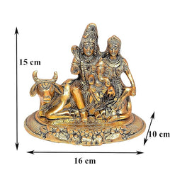 Gold metal idol statue dimensions shown: 16 x 10 x 15 cm, Shiva-Parvati family