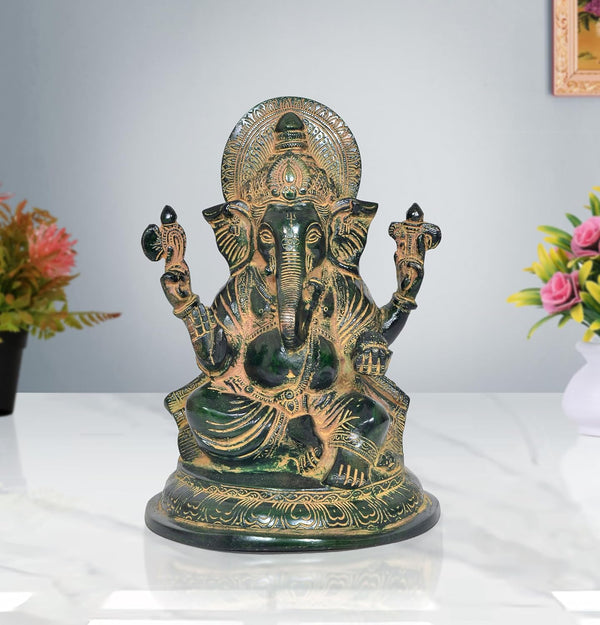 Brass Lord Ganesha Idol Sitting Ganesh Statue Decorative Sculpture for Home Decor Office Mandir Pooja Temple (Height 9 Inch)