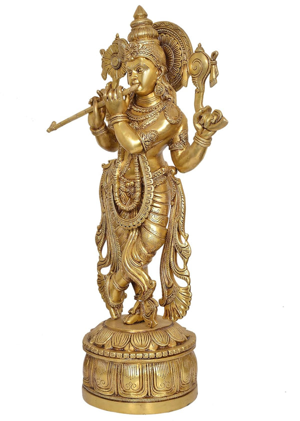 Brass Standing Lord Krishna Statue Playing Flute Sculpture for Home Office Temple Gift Showpiece, (Height 32 Inch) Study Setting