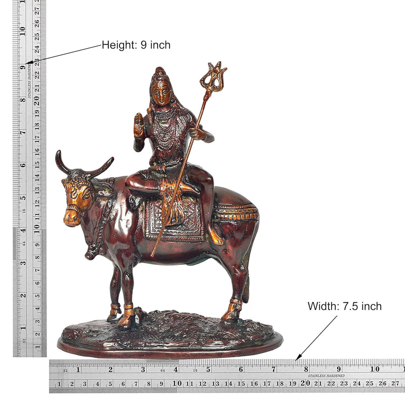 Brass Lord Shiva Seated on Nandi Murti Religious Statue for Home Temple Mandir Pooja Decor (Height : 9 inch)