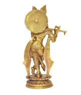 Brass Krishna idol statue back view, flute raised, textured garment and base