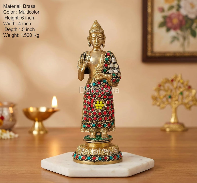 Brass Standing Buddha Abhaya Mudra Idol (Height: 8 Inch)