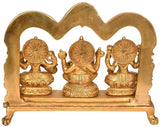 Brass set of 3 Hindu god statues with ornate heart-shaped back and seated figures