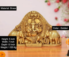 Brass Gaja Ganesha idol with elephants, golden, 5-inch height