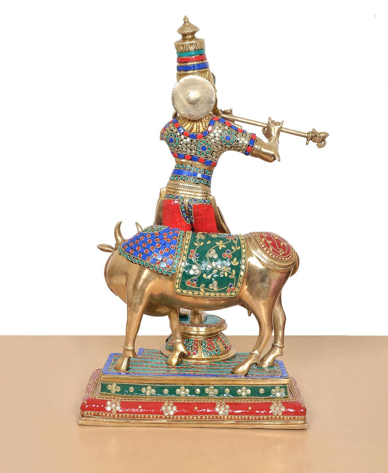 Brass Lord Krishna with Cow Idol (Height 25 Inch)
