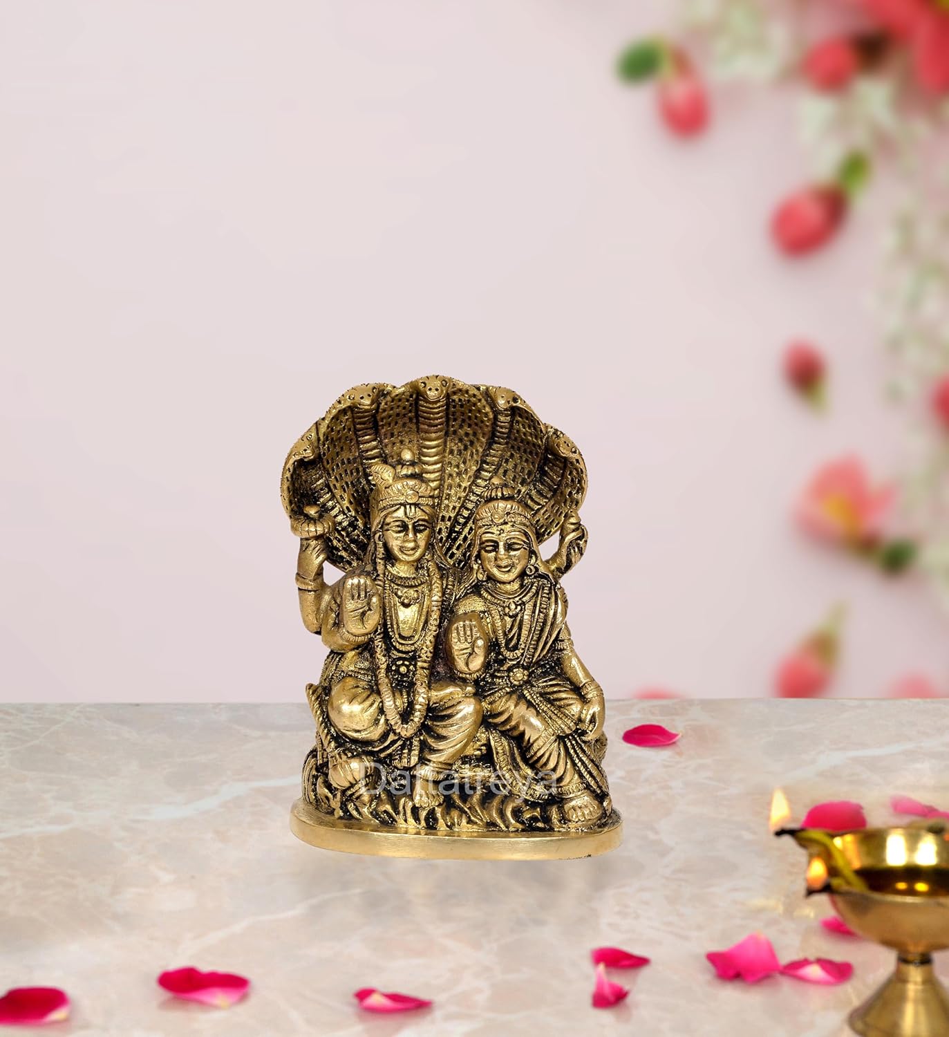 Brass Lord Vishnu with Maa Lakshmi On Sheshnag Idol Statue for Home Decor Temple Pooja - (Height 5 inch)