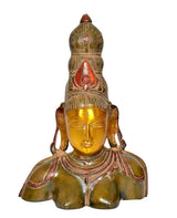 Parvati brass bust statue front view, golden face, red headdress, multicolor 10-inch
