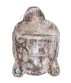 Wooden Buddha mask wall hanging, back view with small hole details and rope loop