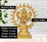 Brass golden Sudarshana Vishnu statue with Yoga Narasimha in circular halo, raised base