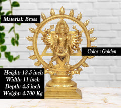 Brass golden Sudarshana Vishnu statue with Yoga Narasimha in circular halo, raised base