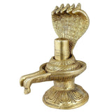 Handmade brass Shiva lingam statue with cobra canopy, raised base and rod