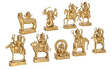 Brass Navagraha nine-deity sculpture set, detailed figures on square bases with raised arms
