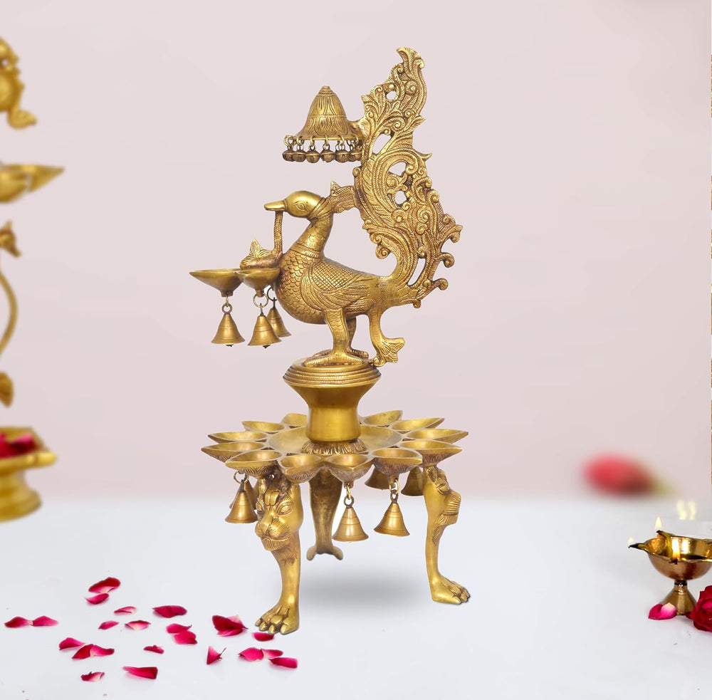 Brass Oil Lamp On Peacock | 15 Diya Stand Showpiece (Height 25 Inches)