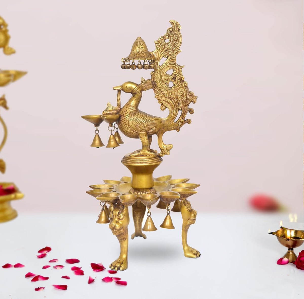 Brass Oil Lamp On Peacock | 15 Diya Stand Showpiece (Height 25 Inches)