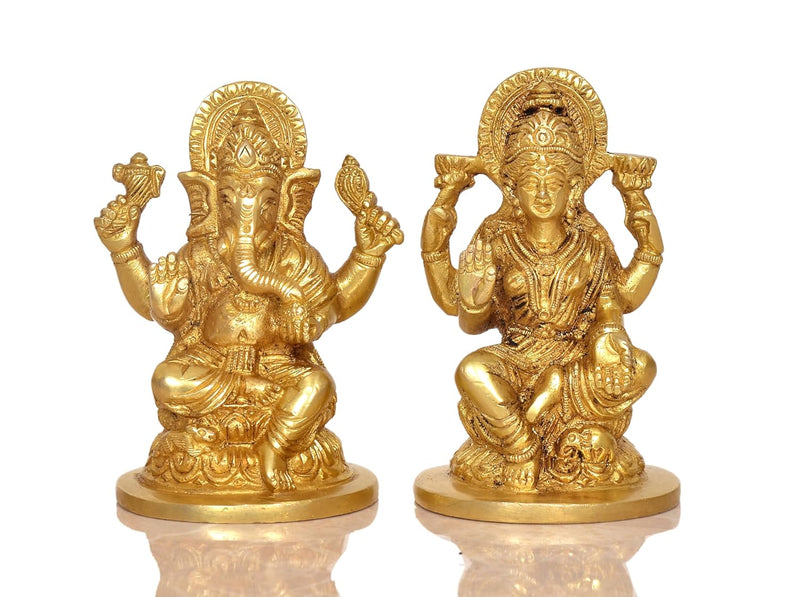 God Ganesha Lakshmi Idol Brass Statue Sitting On Lotus| Lakshmi Ganesh Murti (Height 4 Inch)