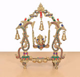 Ganesha swing idol statue on brass swing with multicolor trim and four hanging bells