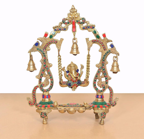 Brass Ganesha Playing On Swing Idol (Height 14 Inch) (Multicolor 1) Study Setting